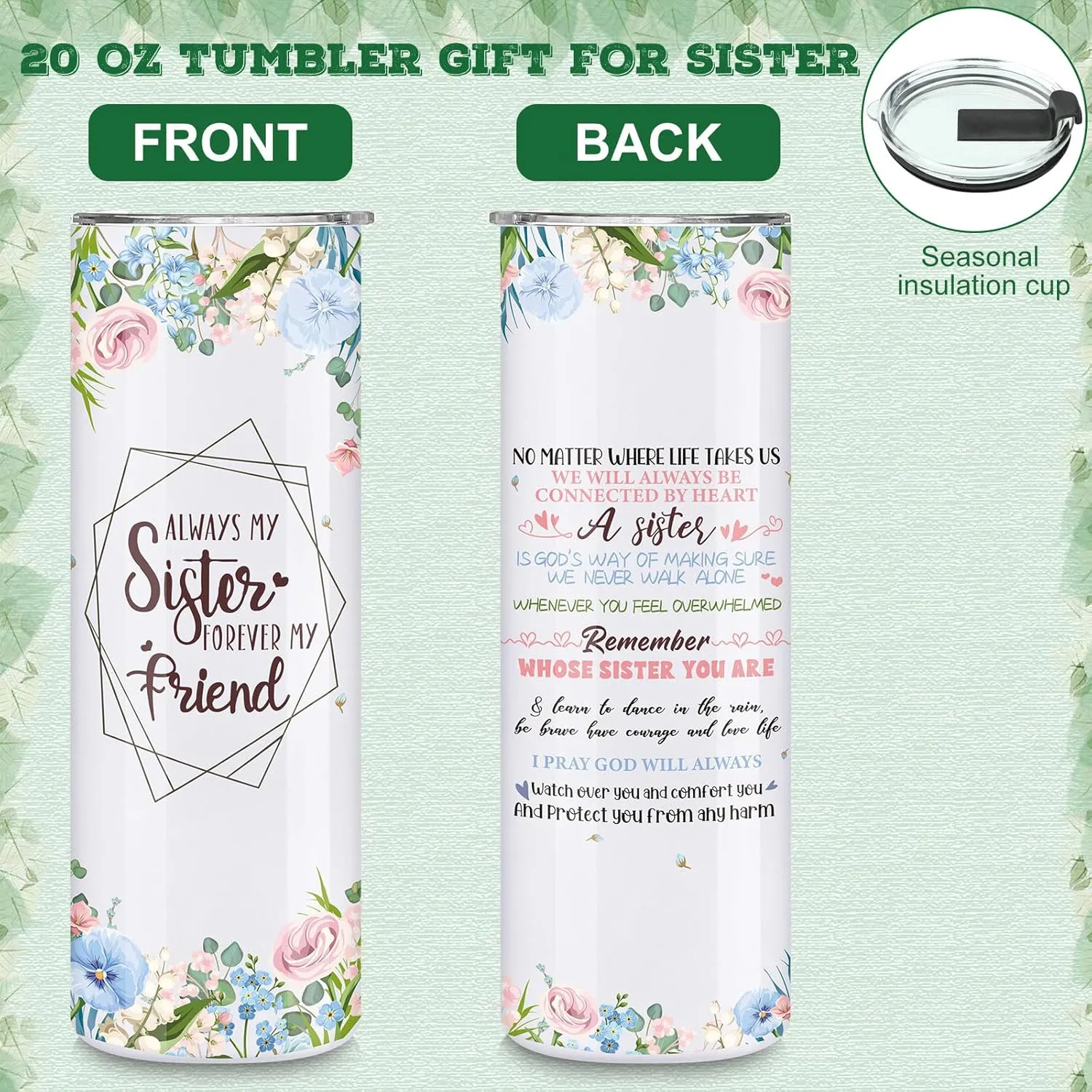 Silkfly 3 Pcs Best Sister Ever Set for Women Mothers Day Birthday Gifts Stainless Steel Tumbler Canvas Tote Bag for Friend Family Coworker