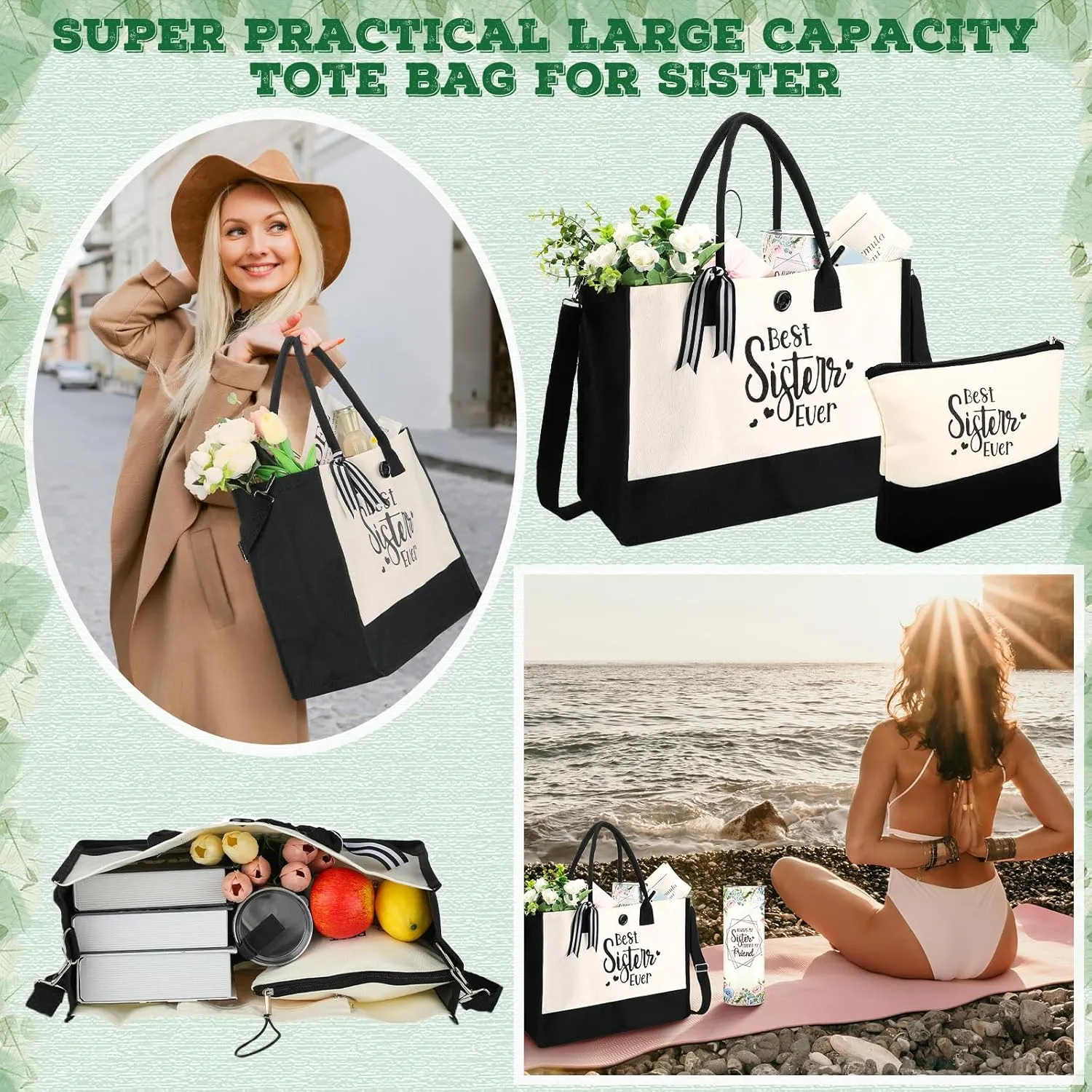 Silkfly 3 Pcs Best Sister Ever Set for Women Mothers Day Birthday Gifts Stainless Steel Tumbler Canvas Tote Bag for Friend Family Coworker