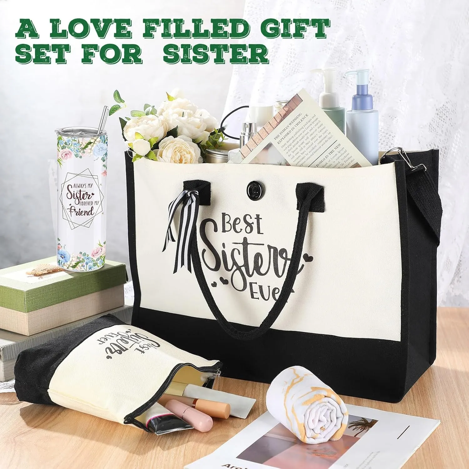 Silkfly 3 Pcs Best Sister Ever Set for Women Mothers Day Birthday Gifts Stainless Steel Tumbler Canvas Tote Bag for Friend Family Coworker