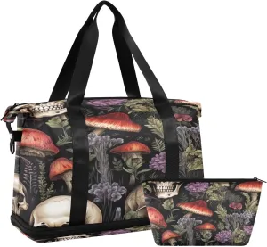 Skull and Mushrooms Duffel Bag Lightweight Carry On Gym Bags for Travel and Weekends, Versatile Overnight Bag with Shoe Compartment