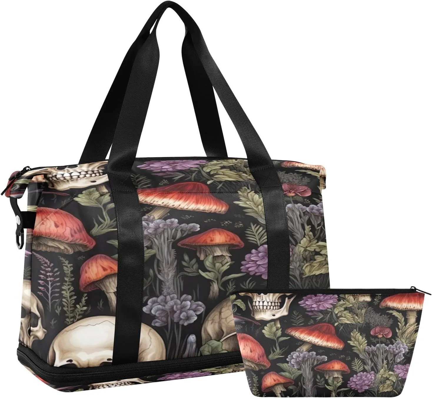 Skull and Mushrooms Duffel Bag Lightweight Carry On Gym Bags for Travel and Weekends, Versatile Overnight Bag with Shoe Compartment
