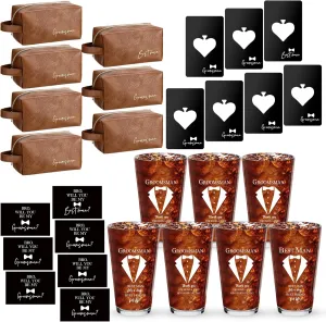 Sliner Groomsmen Gifts Set of 7 Wedding Proposal Gift 16 oz Beer Glass Cup Toiletry Bag and Bottle Opener Cap PU Leather Cosmetic Bags with Zipper Greeting Card for Team Groom Bachelor Party