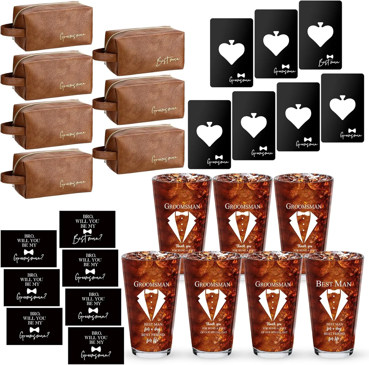 Sliner Groomsmen Gifts Set of 7 Wedding Proposal Gift 16 oz Beer Glass Cup Toiletry Bag and Bottle Opener Cap PU Leather Cosmetic Bags with Zipper Greeting Card for Team Groom Bachelor Party