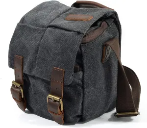 Small Camera Bag/Case, Vintage Canvase Leather Trim DSLR SLR Camera Shoulder Messenger Sling Bag