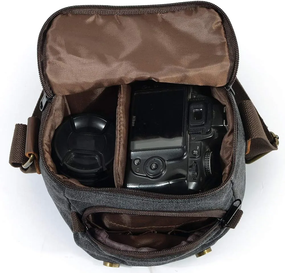 Small Camera Bag/Case, Vintage Canvase Leather Trim DSLR SLR Camera Shoulder Messenger Sling Bag