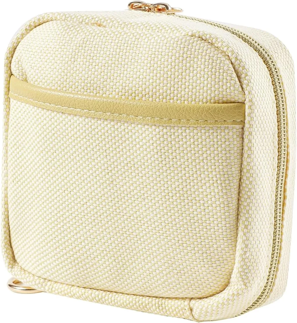 Small Canvas Makeup Bag with Compartments for Purse, Wide-open Makeup Pouch with Zipper and Keychain, Key Pocket Lipstick Bag Travel Organizer Bag (02Light Yellow)