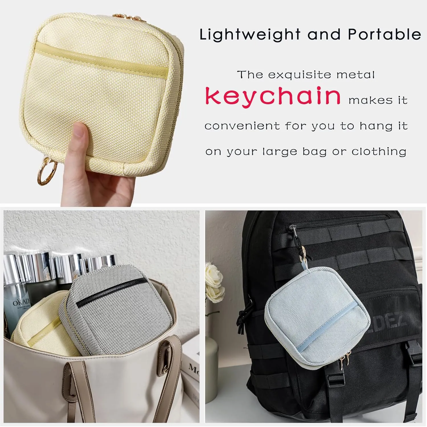 Small Canvas Makeup Bag with Compartments for Purse, Wide-open Makeup Pouch with Zipper and Keychain, Key Pocket Lipstick Bag Travel Organizer Bag (02Light Yellow)