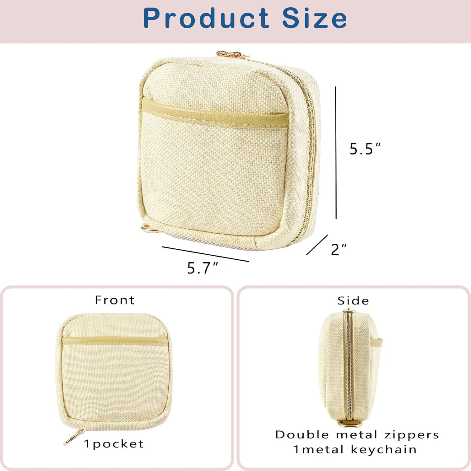 Small Canvas Makeup Bag with Compartments for Purse, Wide-open Makeup Pouch with Zipper and Keychain, Key Pocket Lipstick Bag Travel Organizer Bag (02Light Yellow)