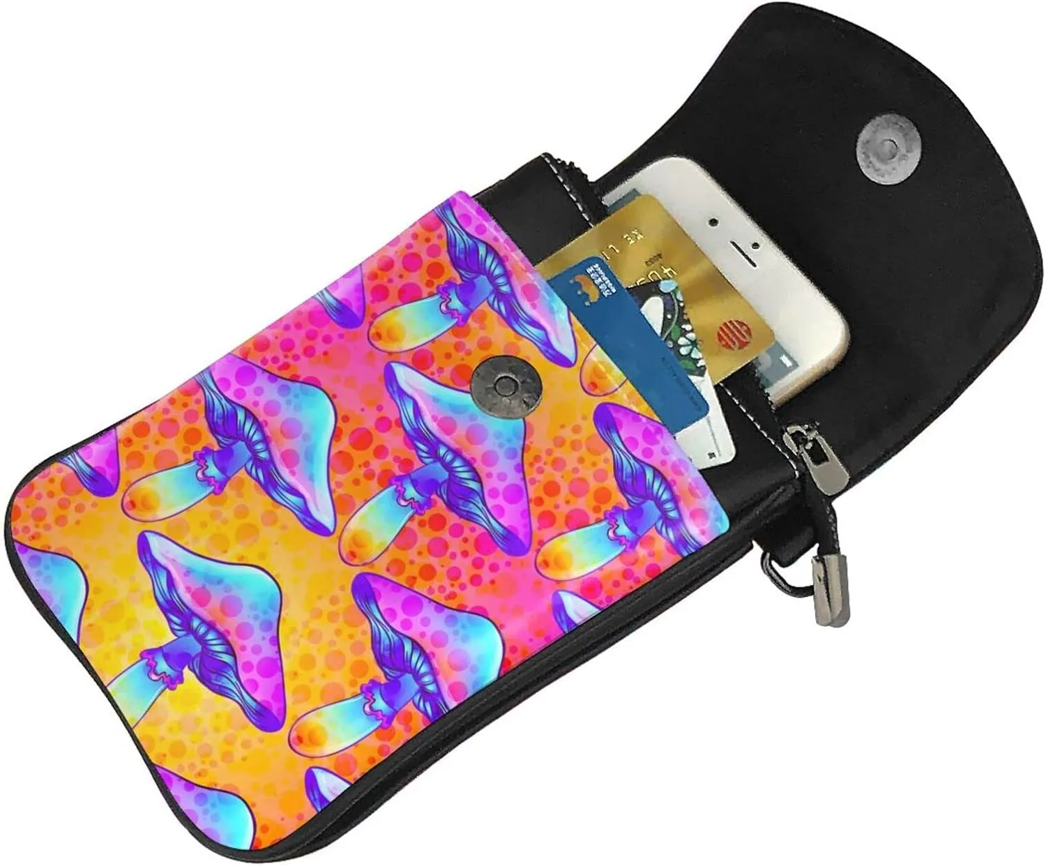 Small Crossbody Bag For Women,Leather Phone Purse Women'S Shoulder Handbags Wallet Purse -Mushrooms And Rainbows Peace