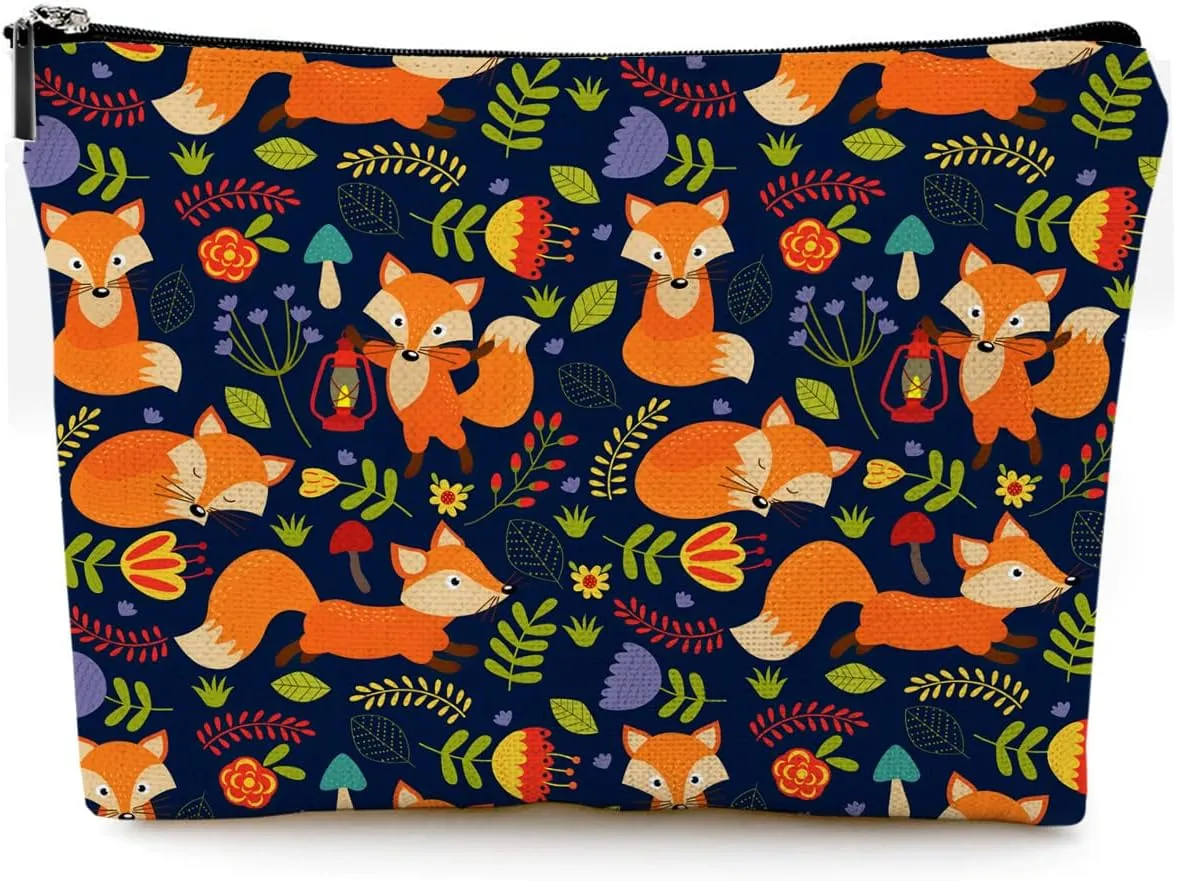 Small Makeup Bag for Purse Cute Canvas Waterproof Cosmetic Bags for Women Zipper Travel Toiletry Pouch-Fox Makeup Bags