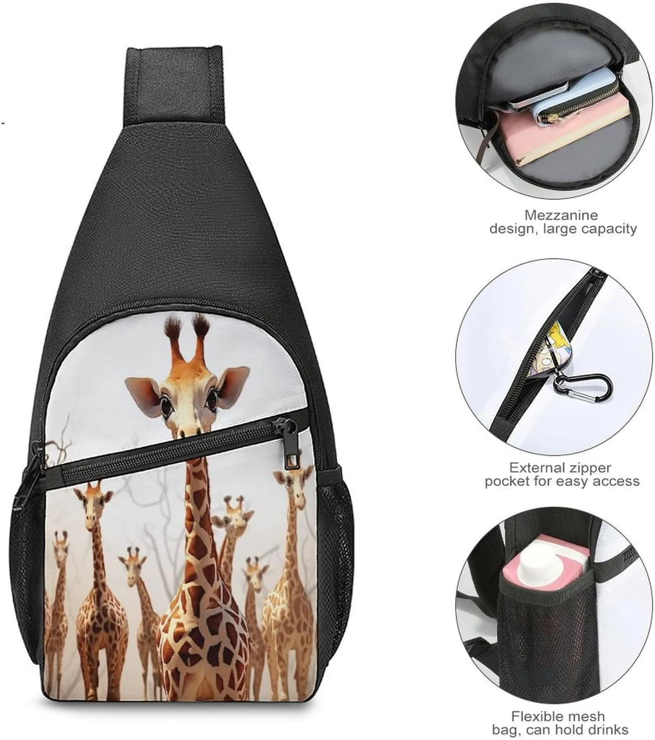 Small Sling Chest Bag Crossbody Bag for Men Women,Cute Cartoon Funny Giraffes Lightweight Gym Daypack for Travel Cycling Hiking