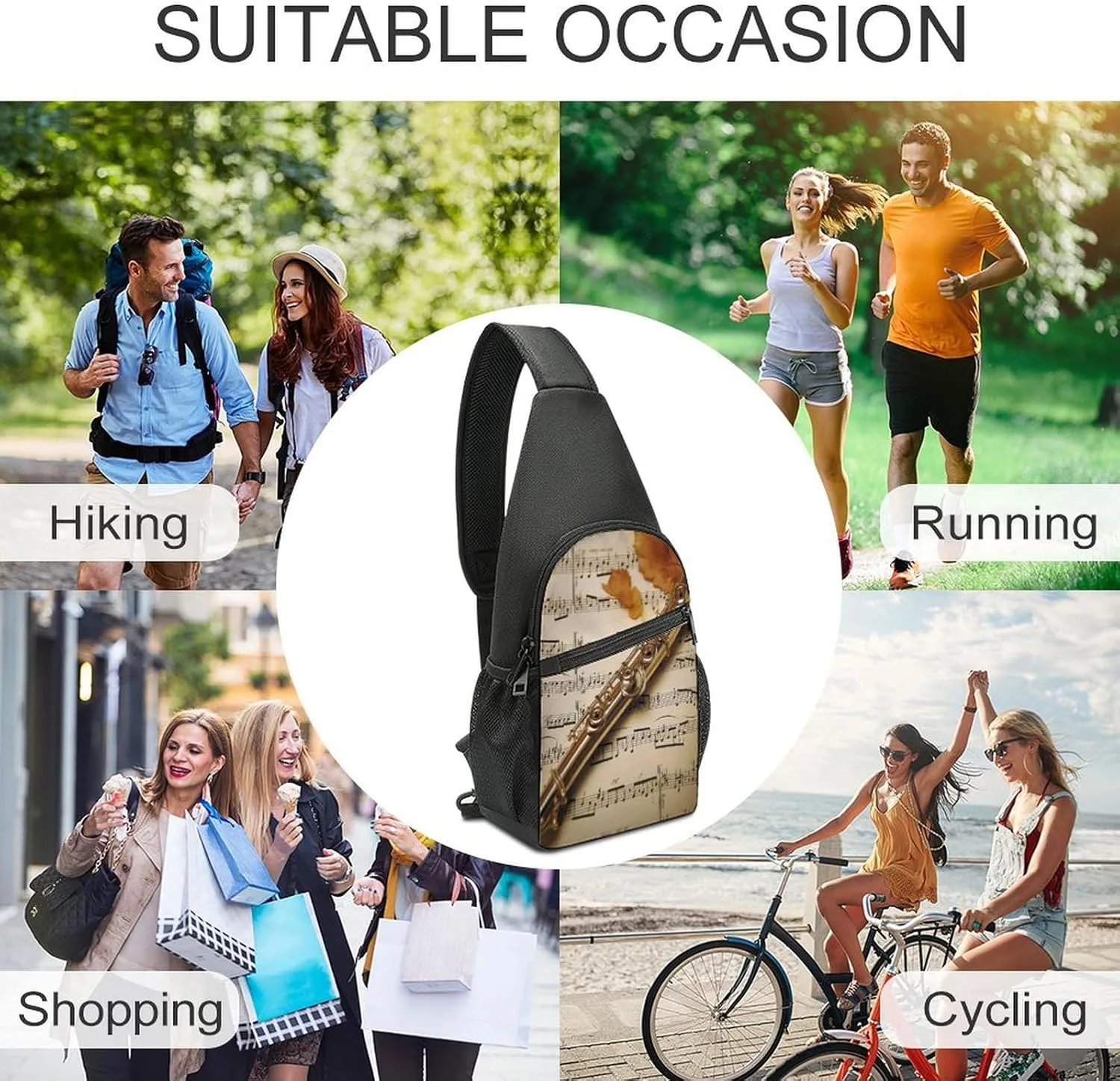 Small Sling Chest Bag Crossbody Bag for Men Women,Flute Music Lightweight Gym Daypack for Travel Cycling Hiking