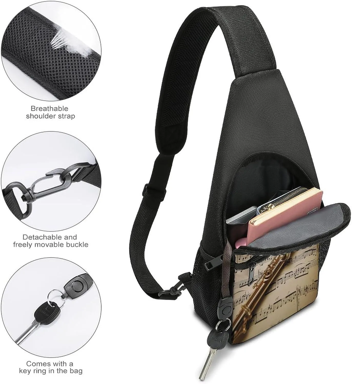 Small Sling Chest Bag Crossbody Bag for Men Women,Flute Music Lightweight Gym Daypack for Travel Cycling Hiking