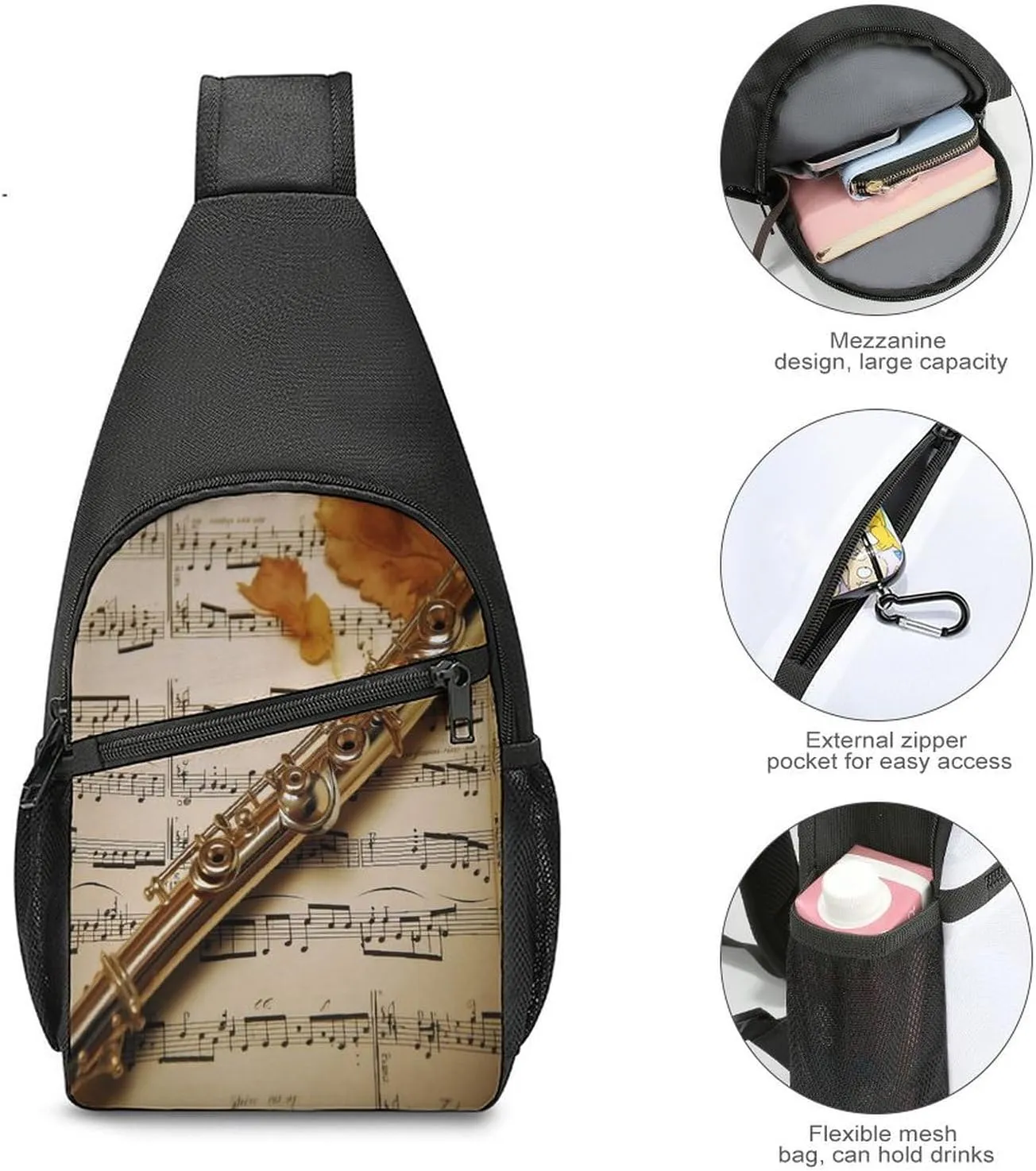 Small Sling Chest Bag Crossbody Bag for Men Women,Flute Music Lightweight Gym Daypack for Travel Cycling Hiking