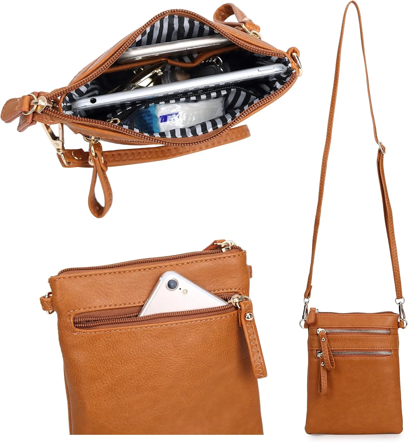 Solene Small Crossbody Bag for Women, Multi Zip Pockets with Detachable Wristlet, Lightweight Travel Purse, Cell Phone Pouch