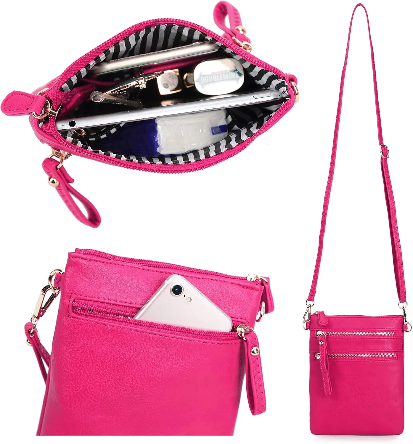 Solene Small Crossbody Bag for Women, Multi Zip Pockets with Detachable Wristlet, Lightweight Travel Purse, Cell Phone Pouch