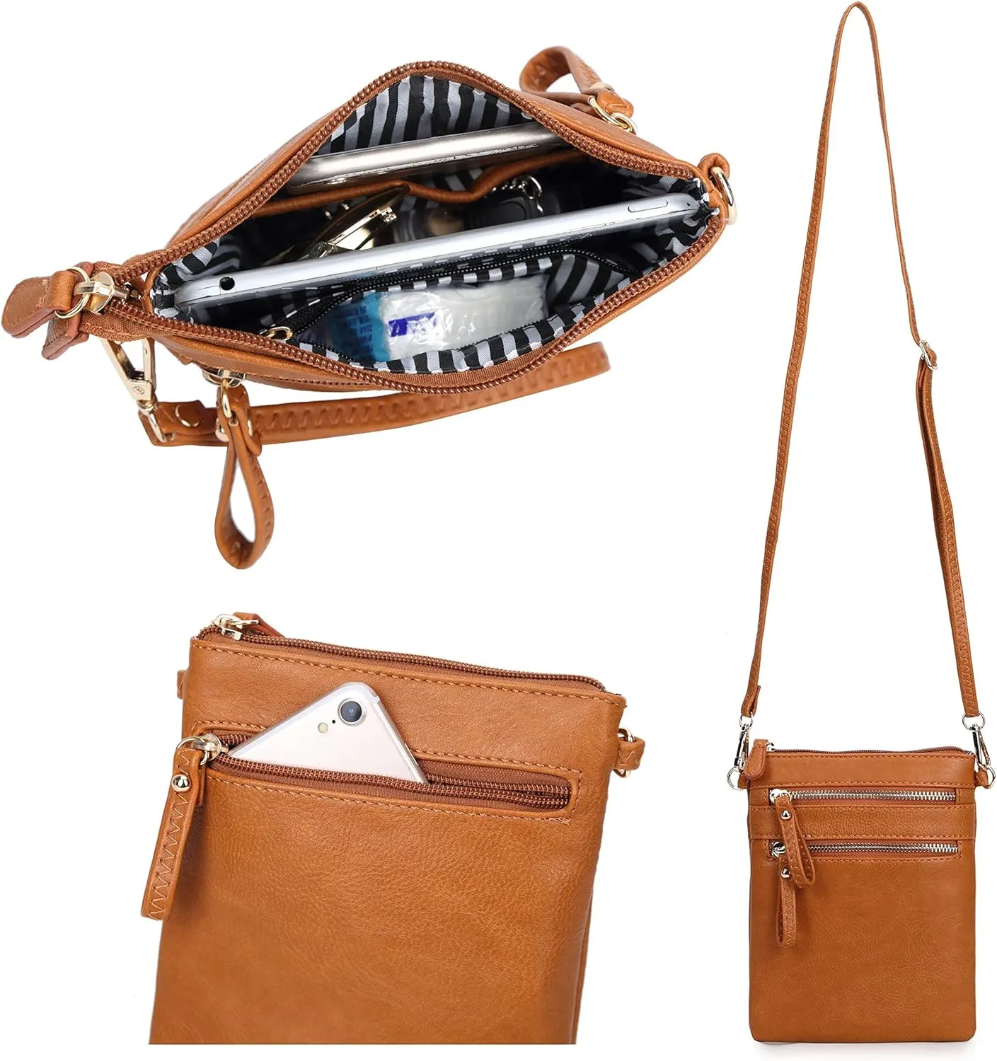 Solene Small Crossbody Bag for Women, Multi Zip Pockets with Detachable Wristlet, Lightweight Travel Purse, Cell Phone Pouch