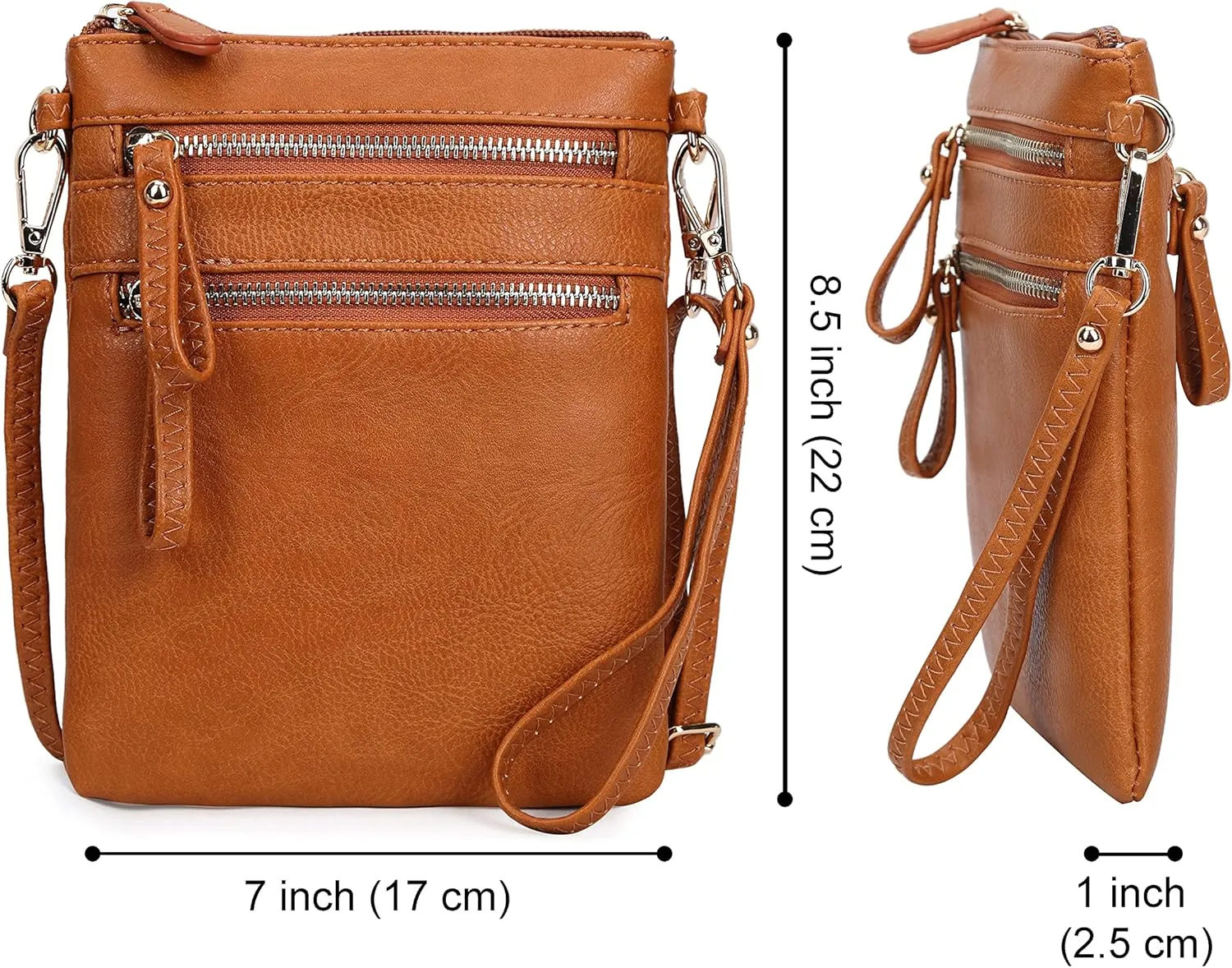 Solene Small Crossbody Bag for Women, Multi Zip Pockets with Detachable Wristlet, Lightweight Travel Purse, Cell Phone Pouch