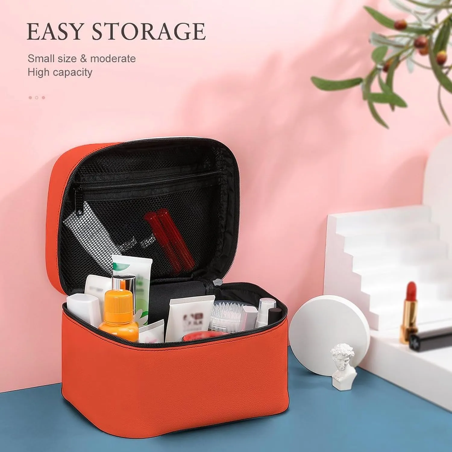 Solid Bright Red Orange Makeup Bag, Portable Travel Cosmetic Case Zipper Toiletry Bag for Women Girls