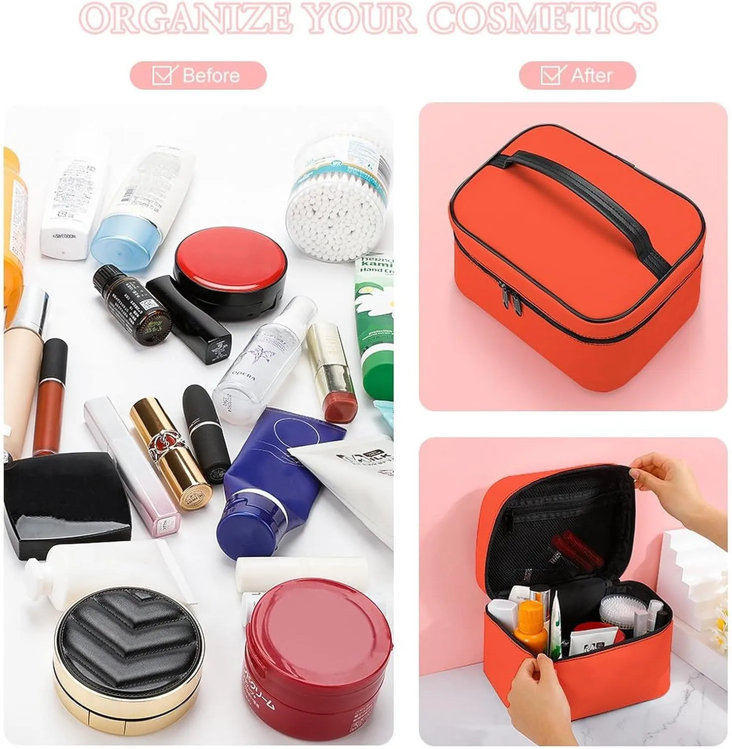 Solid Bright Red Orange Makeup Bag, Portable Travel Cosmetic Case Zipper Toiletry Bag for Women Girls