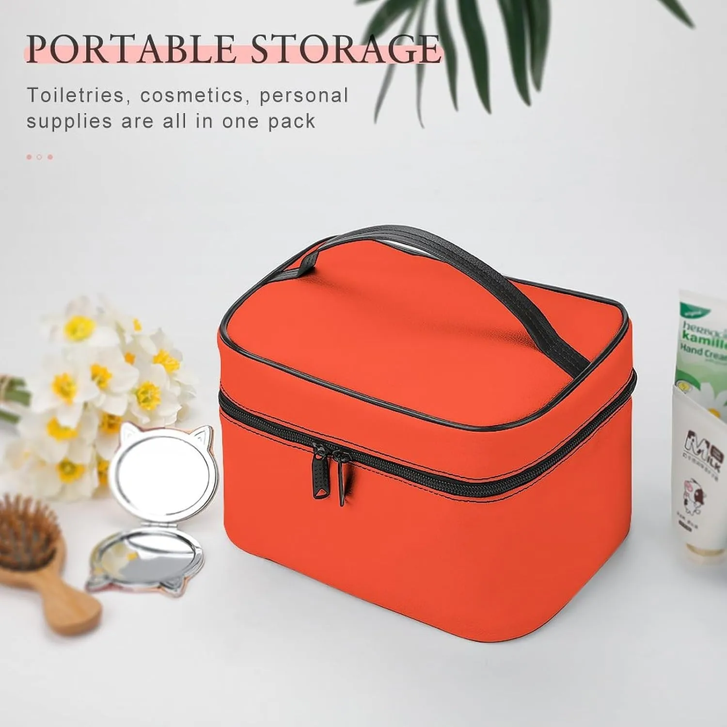 Solid Bright Red Orange Makeup Bag, Portable Travel Cosmetic Case Zipper Toiletry Bag for Women Girls