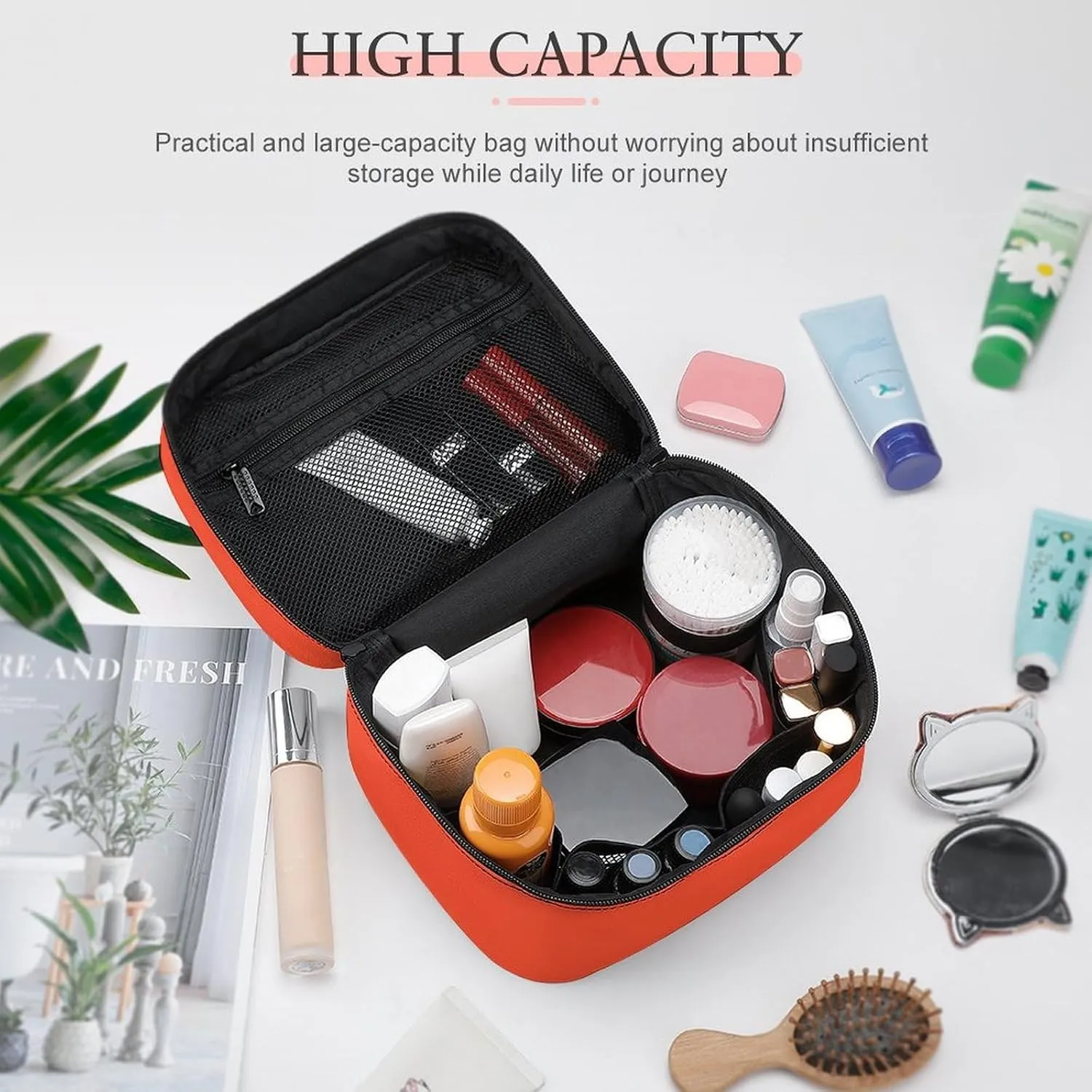Solid Bright Red Orange Makeup Bag, Portable Travel Cosmetic Case Zipper Toiletry Bag for Women Girls