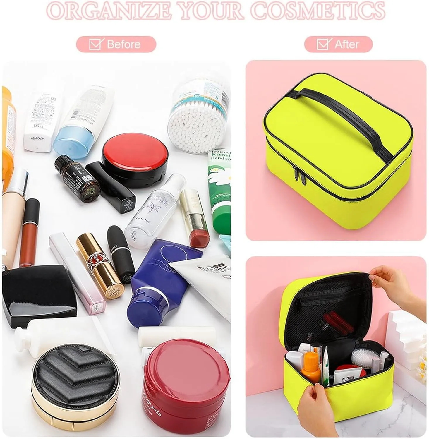 Solid Bright Sweet Lemon Yellow Makeup Bag, Portable Travel Cosmetic Case Zipper Toiletry Bag for Women Girls