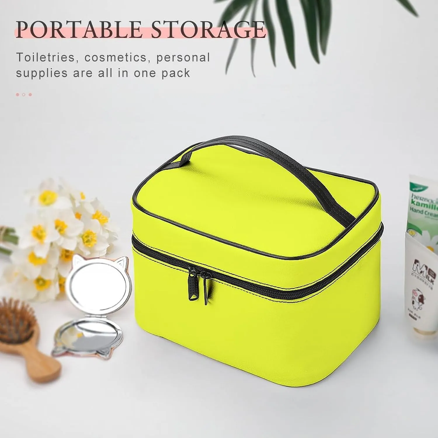 Solid Bright Sweet Lemon Yellow Makeup Bag, Portable Travel Cosmetic Case Zipper Toiletry Bag for Women Girls