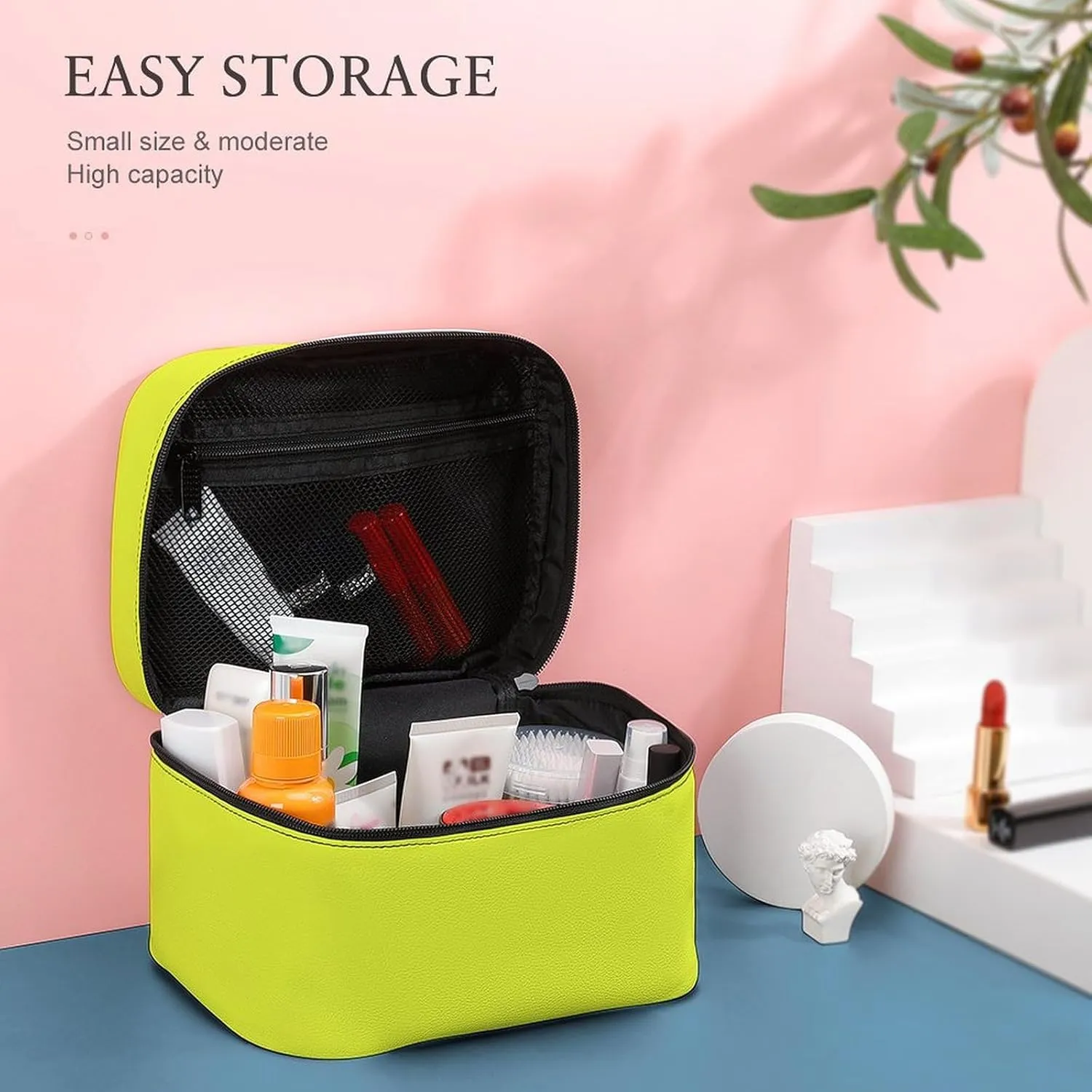 Solid Bright Sweet Lemon Yellow Makeup Bag, Portable Travel Cosmetic Case Zipper Toiletry Bag for Women Girls