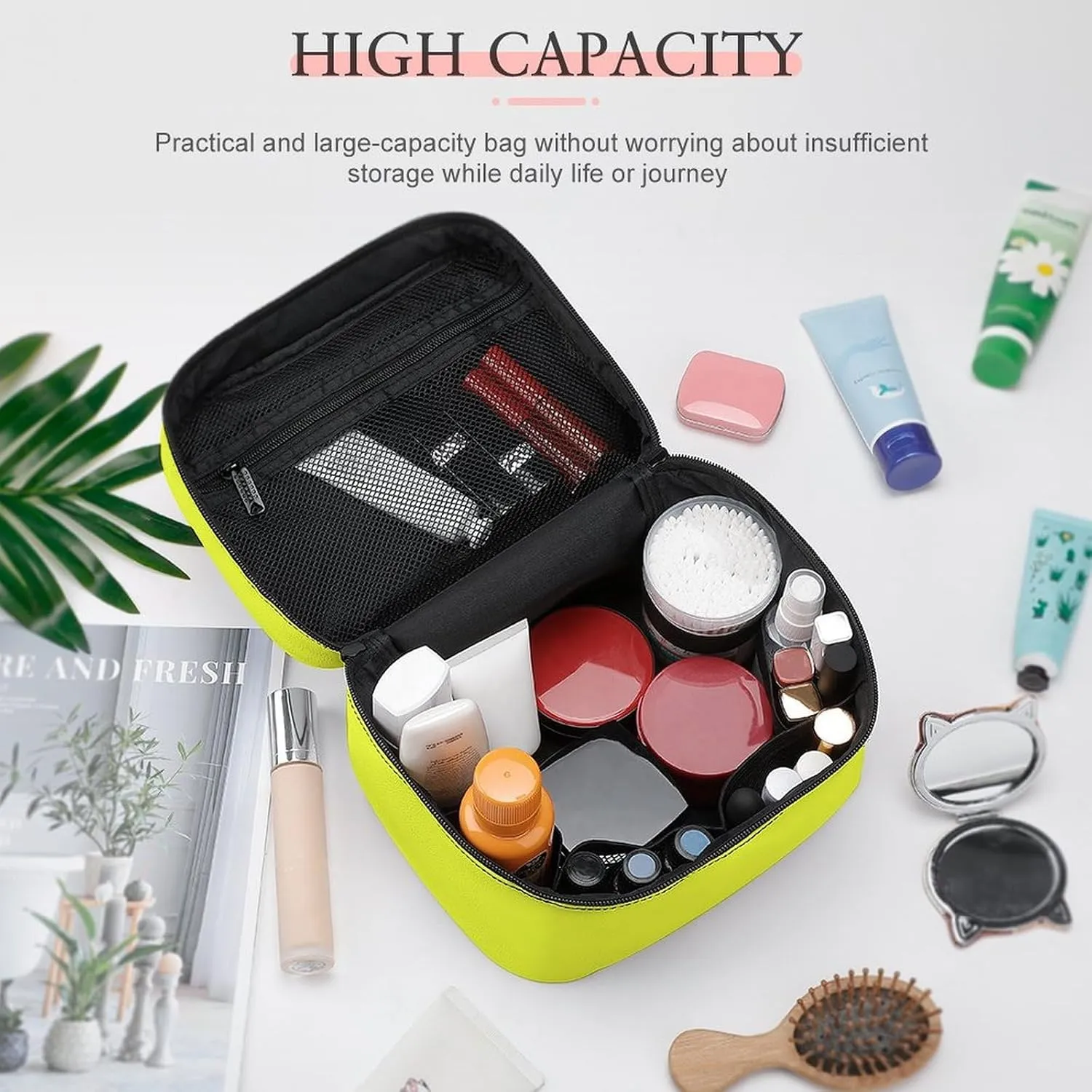 Solid Bright Sweet Lemon Yellow Makeup Bag, Portable Travel Cosmetic Case Zipper Toiletry Bag for Women Girls