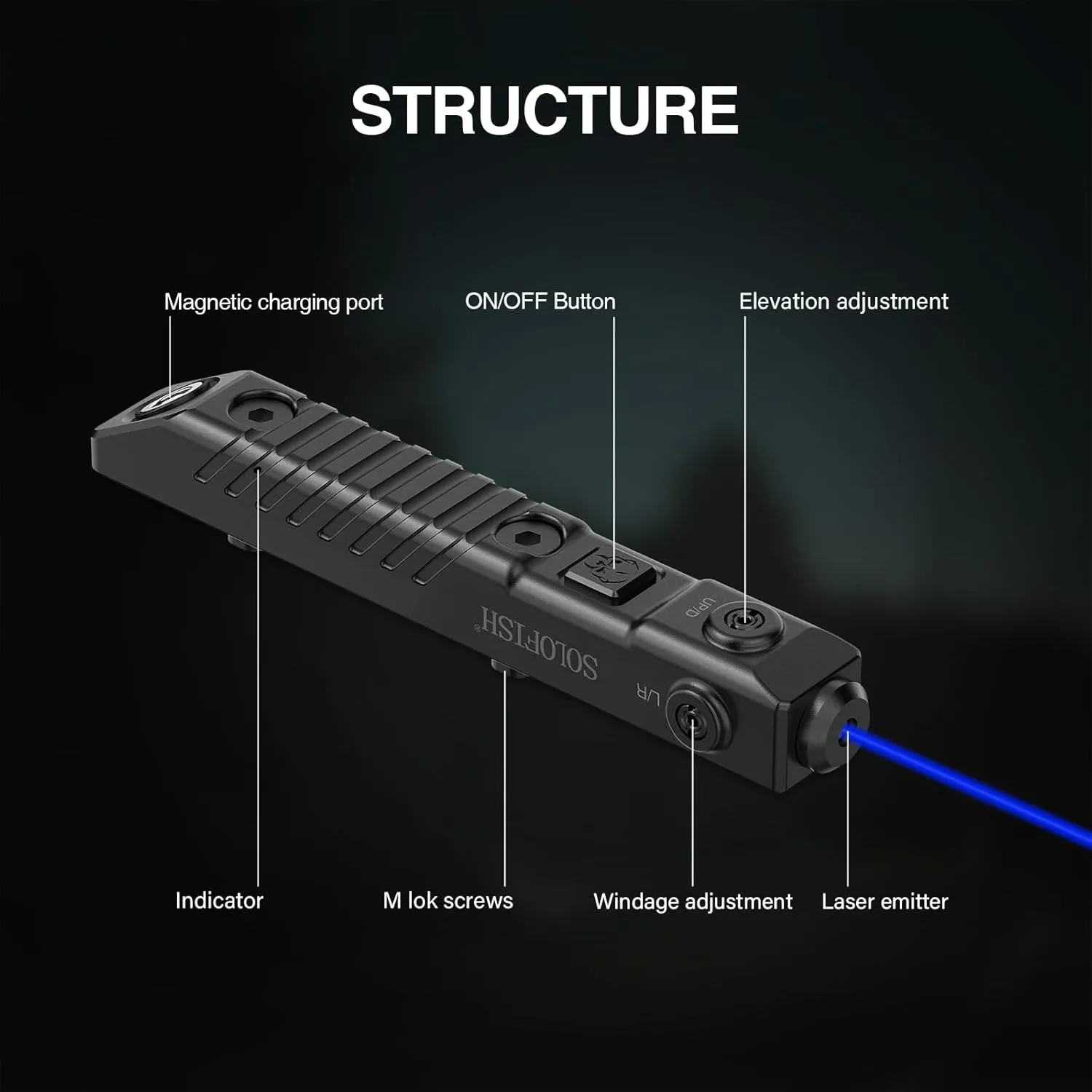 SOLOFISH Green/Blue/Red Laser Sight is Compatible with MLok Rail, Low Profile Tactical Rifle Laser Sight, Rechargeable (Laser Output <5mW, Class IIIA)