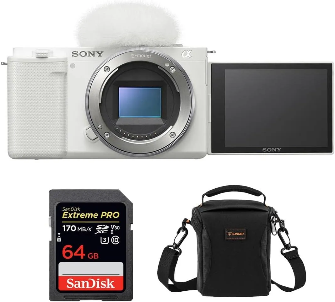Sony ZV-E10 APS-C Mirrorless Interchangeable Lens Vlogging Camera, White - Bundle with PRO 64GB UHS-I U3 SDXC Memory Card, 120 Multi-Device Shoulder Bag
