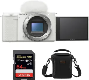 Sony ZV-E10 APS-C Mirrorless Interchangeable Lens Vlogging Camera, White - Bundle with PRO 64GB UHS-I U3 SDXC Memory Card, 120 Multi-Device Shoulder Bag