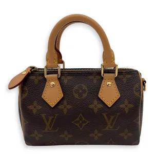 Speedy Crossbody Bag Nano Brown in Monogram Coated Canvas, Gold hardware