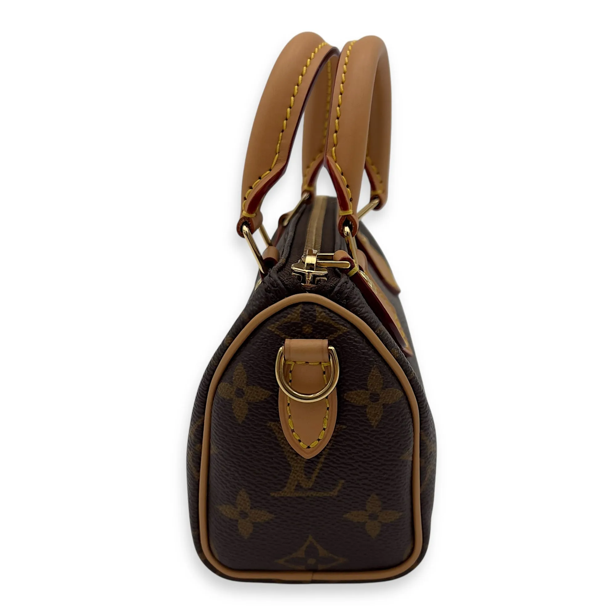 Speedy Crossbody Bag Nano Brown in Monogram Coated Canvas, Gold hardware
