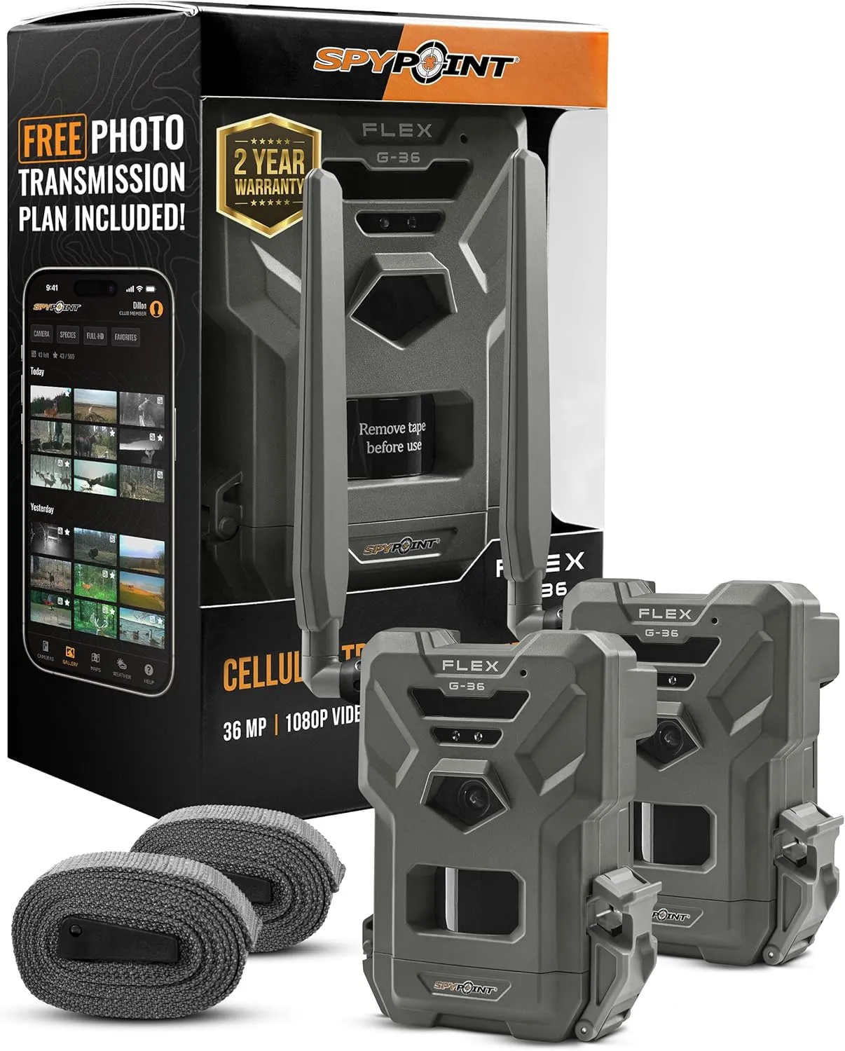 SPYPOINT Flex G-36 Cellular Trail Camera, 36MP Photos and 1080p Videos with Sound, GPS Enabled, Dual-Sim LTE Connectivity, 100' Flash & Detection Range, Responsive Trigger up to .3S (2 Pack)