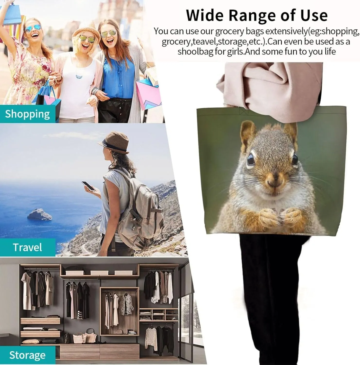 Squirrel Canvas Tote Bag Cute Shoulder Bag Handbag Casual Animal Grocery Bags Cute Animals Bag for Outdoor