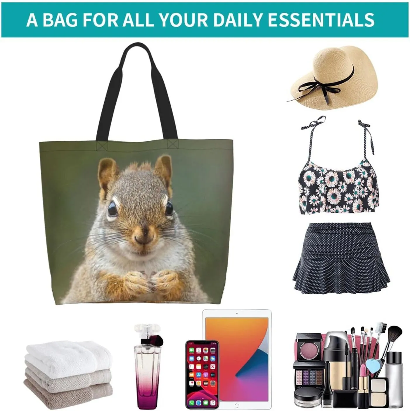 Squirrel Canvas Tote Bag Cute Shoulder Bag Handbag Casual Animal Grocery Bags Cute Animals Bag for Outdoor