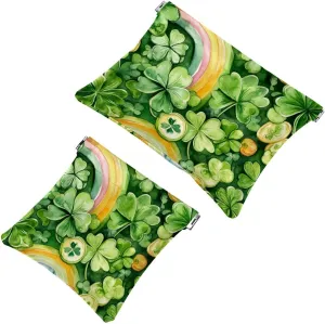 St Patrick Day Shamrock Clover Rainbow Coins Pocket Cosmetic Bag, Waterproof Squeeze Makeup Bag No Zipper Self-Closing, Portable Mini Travel Storage for Headphones Jewelry