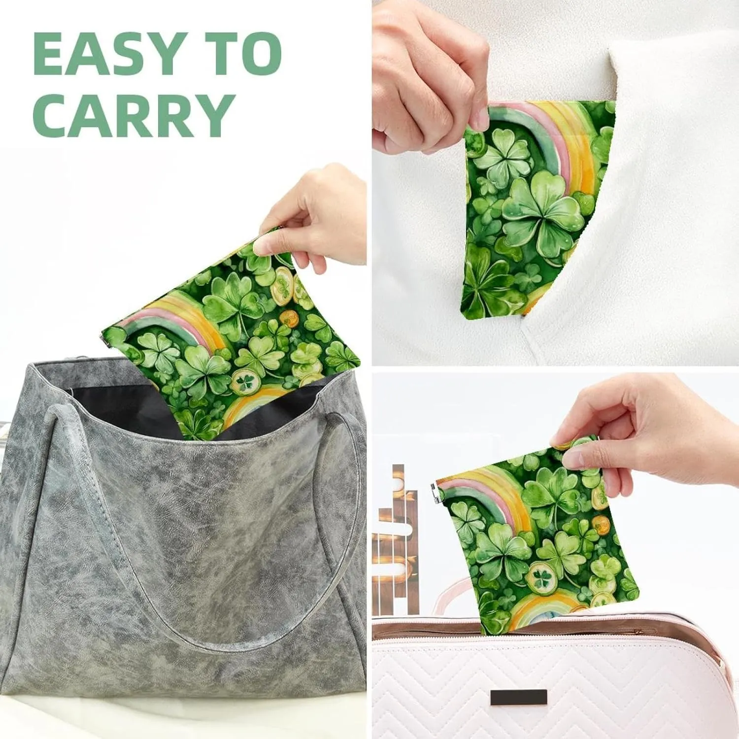 St Patrick Day Shamrock Clover Rainbow Coins Pocket Cosmetic Bag, Waterproof Squeeze Makeup Bag No Zipper Self-Closing, Portable Mini Travel Storage for Headphones Jewelry