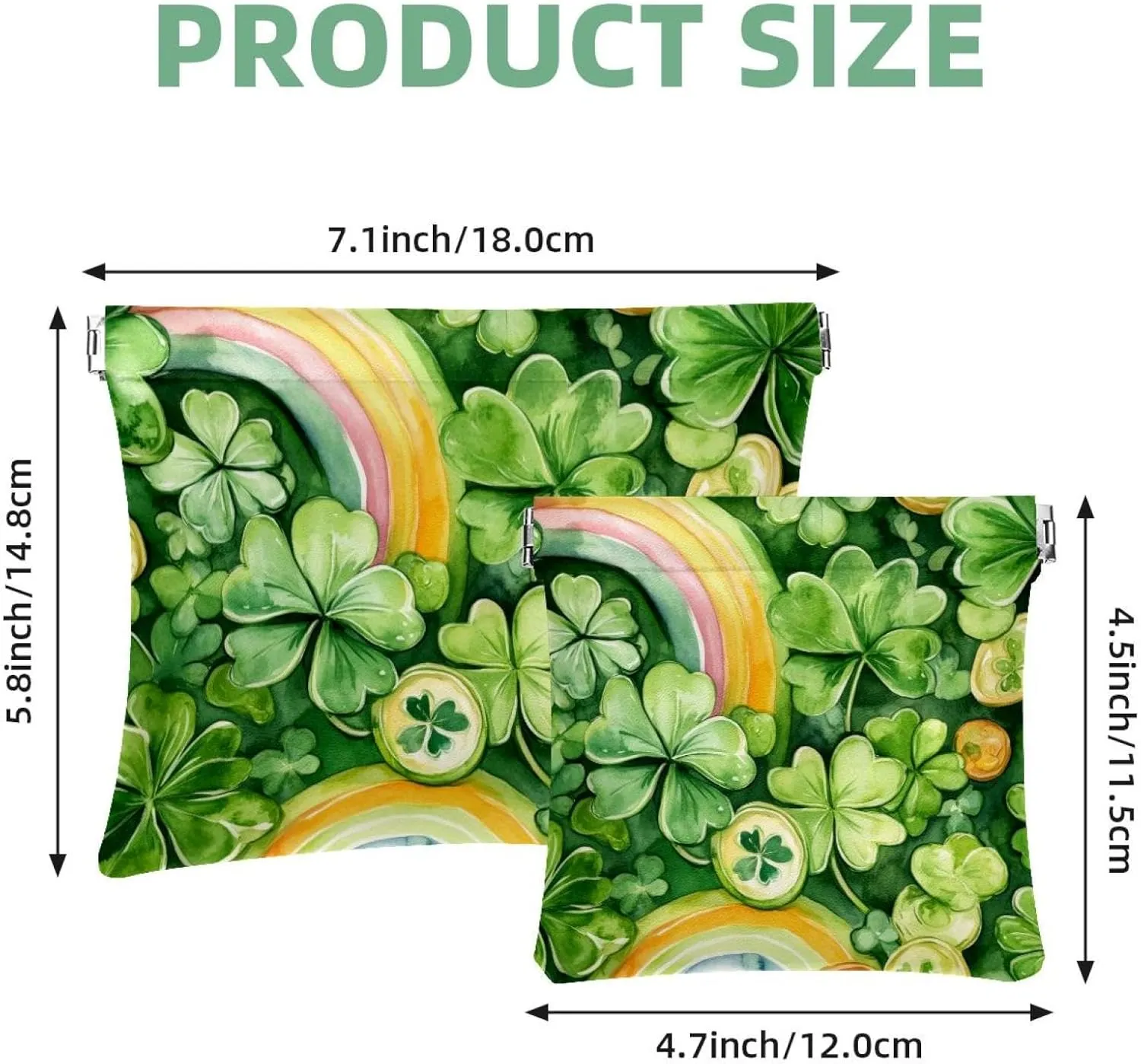 St Patrick Day Shamrock Clover Rainbow Coins Pocket Cosmetic Bag, Waterproof Squeeze Makeup Bag No Zipper Self-Closing, Portable Mini Travel Storage for Headphones Jewelry