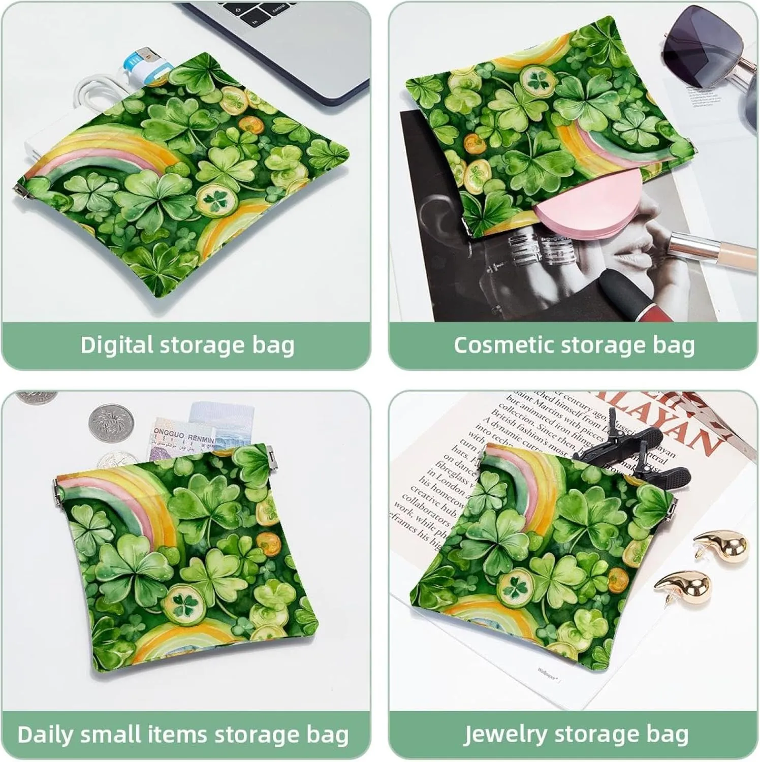 St Patrick Day Shamrock Clover Rainbow Coins Pocket Cosmetic Bag, Waterproof Squeeze Makeup Bag No Zipper Self-Closing, Portable Mini Travel Storage for Headphones Jewelry