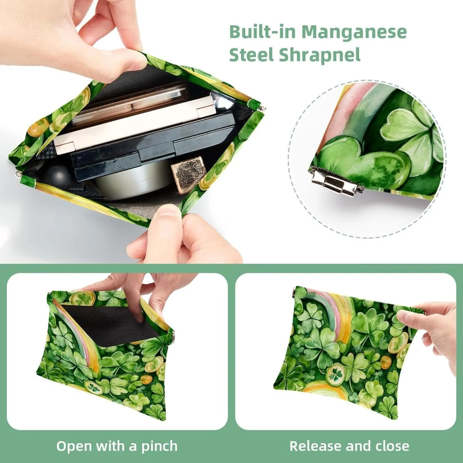 St Patrick Day Shamrock Clover Rainbow Coins Pocket Cosmetic Bag, Waterproof Squeeze Makeup Bag No Zipper Self-Closing, Portable Mini Travel Storage for Headphones Jewelry