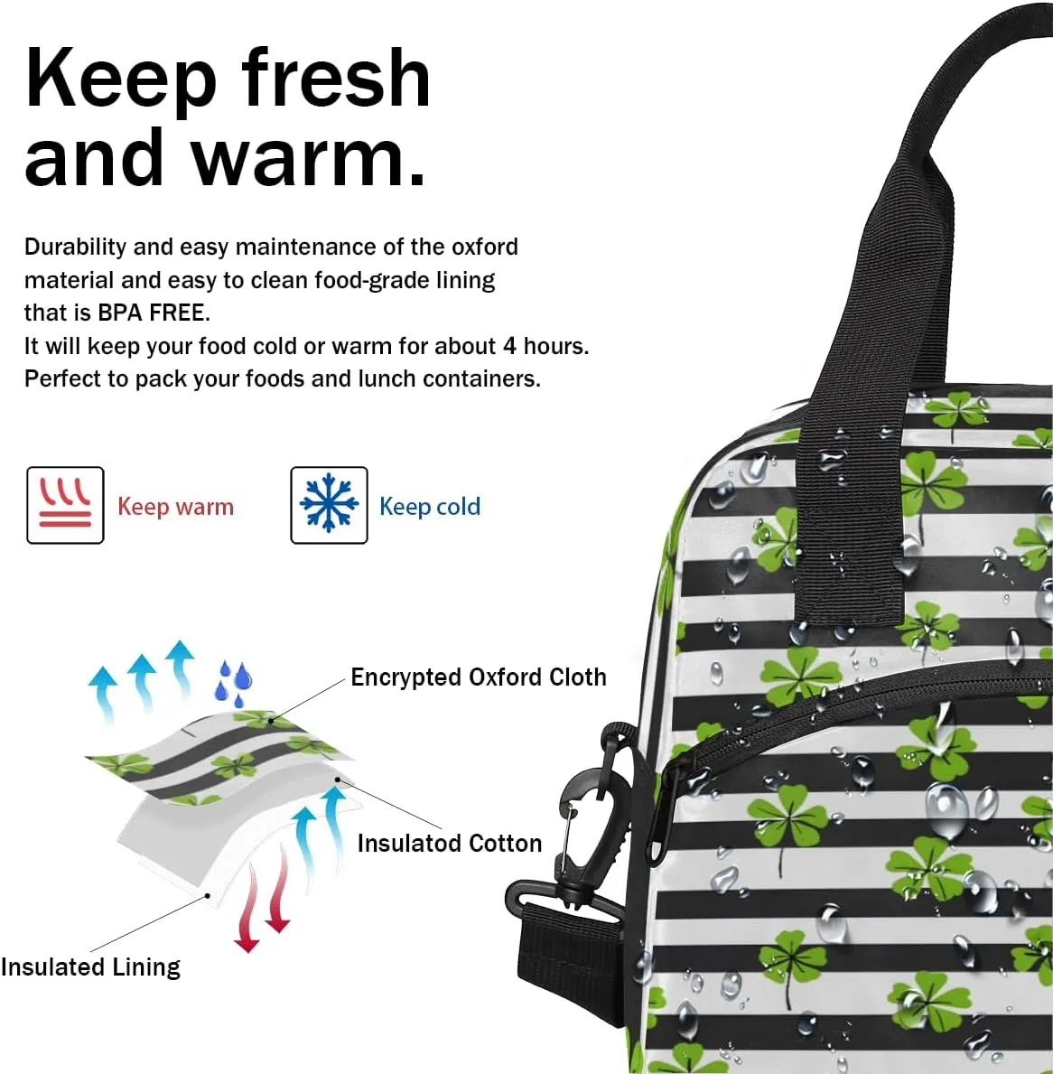 St. Patrick's Day Green Clover Leaf Irish Shamrock Insulated Lunch Bag for Women Men Adults Large Reusable Lunch Box Leakproof Portable Cooler Tote Bags with Adjustable Shoulder Strap
