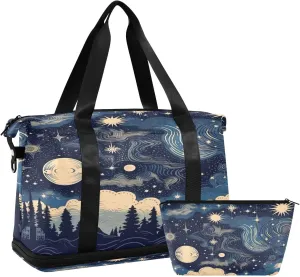 Stars and Moon Duffel Bag Lightweight Carry On Gym Bags for Travel and Weekends, Versatile Overnight Bag with Shoe Compartment