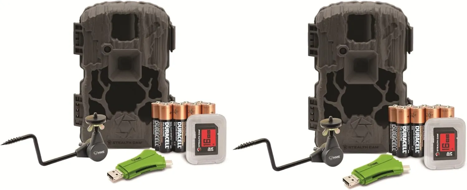 Stealth Cam Prevue PXV26 26MP Trail Camera Bundle with 3-in-1 SD Card Reader, 8 AA Batteries, 16GB SD Card, Adjustable Camera Mount Support (2-Pack)