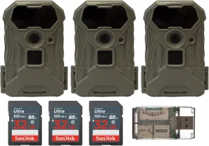 Stealth Cam Wildview Trail Camera 14MP - Fast 0.7s Trigger Speed, 60-Feet IR Range - Outdoor Wildlife Monitoring Bundle with 32GB Memory Card and High-Speed Card Reader (3-Pack)