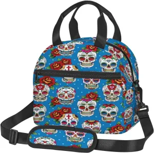 Sugar Skull Print,Lunch Box for Women,Mexican Cultural Rose Skeletons,Insulated Lunch Bag Women with Adjustable Shoulder Strap,Cute Lunch Tote Bag for Work,Picnic,Camping,Blue Red