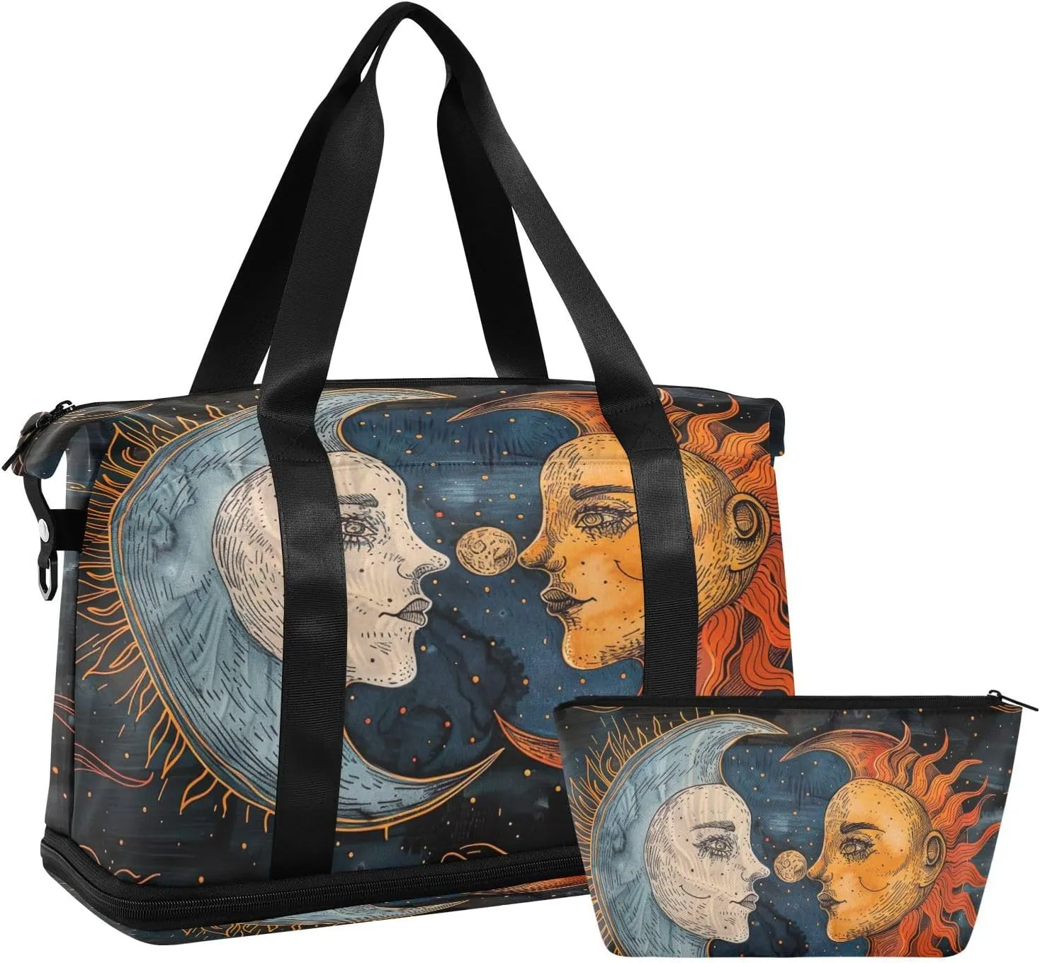 Sun and Moon Duffel Bag Lightweight Carry On Gym Bags for Travel and Weekends, Versatile Overnight Bag with Shoe Compartment