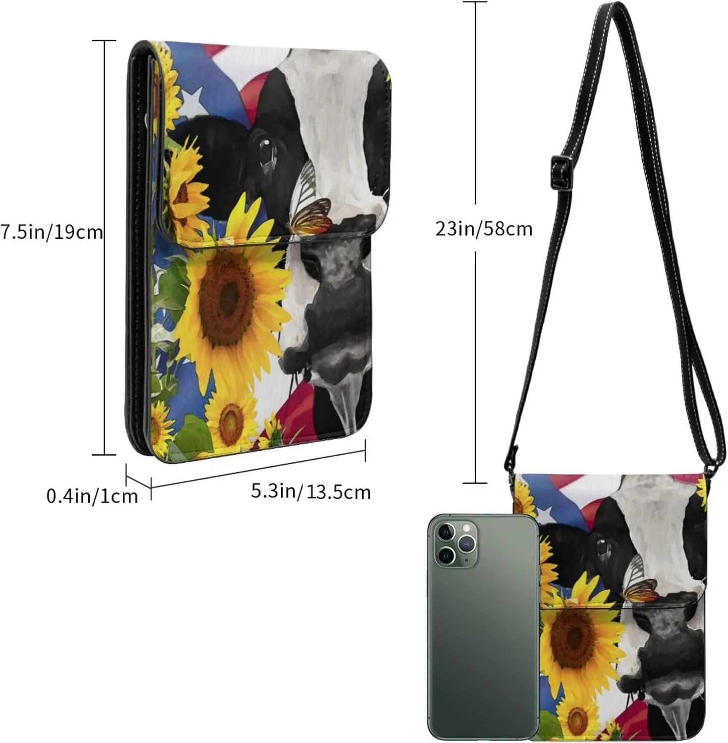 Sunflower Cow American Flag Cell Phone Purse Small Crossbody Bags For Women Men Wallet Purses With Adjustable Strap